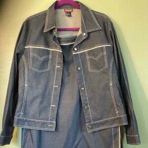 Denim skirt set w/cream piping trim